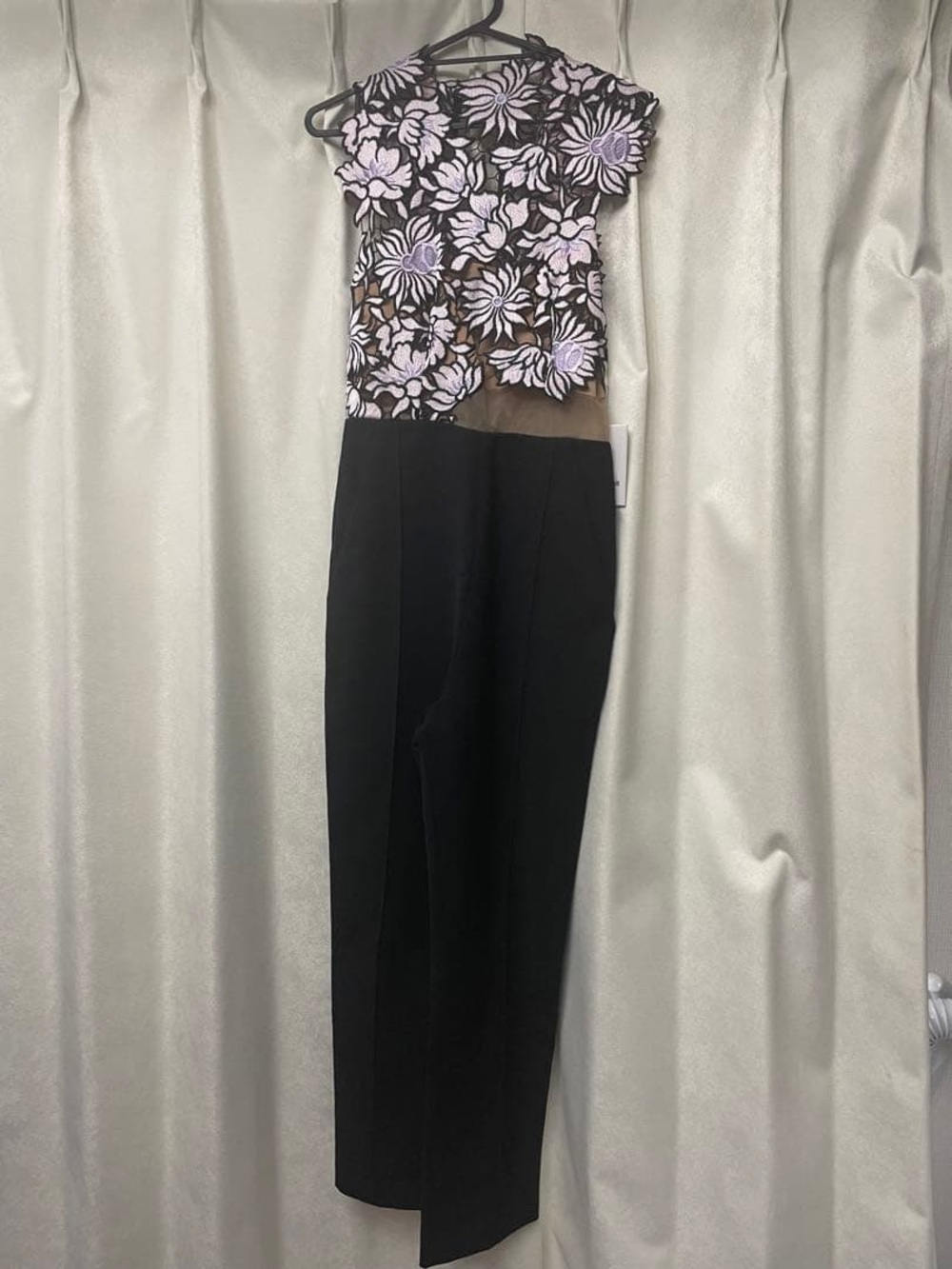Self-Portrait Black Jumpsuit with Pink Floral Lace Bodice